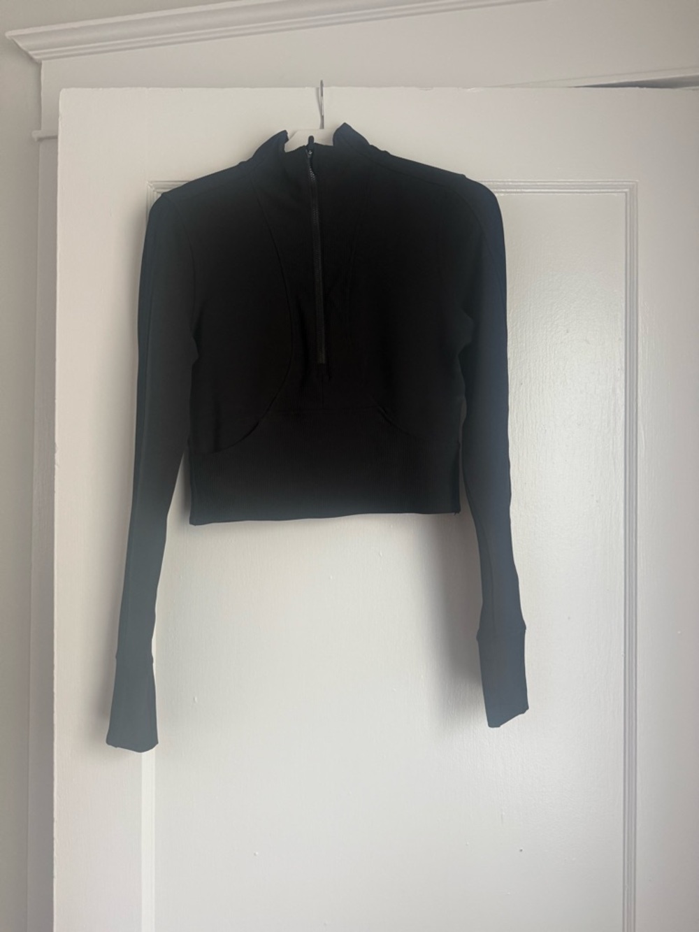 Women’s Black Cropped Half-Zip Long Sleeve Top